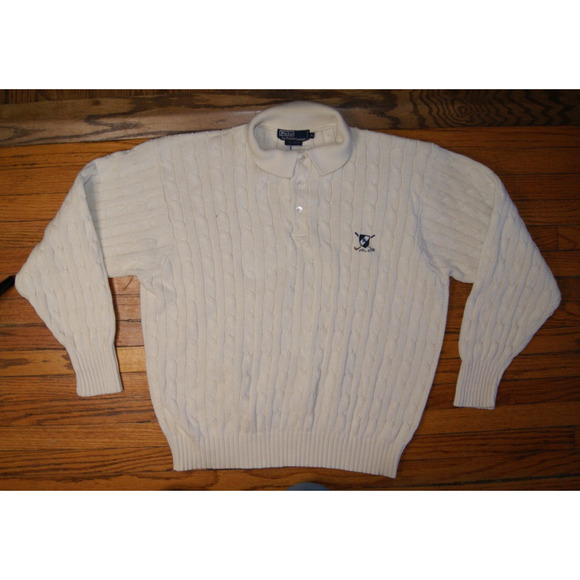VTG POLO RALPH LAUREN Mens XL Cable Knit Collared Sweater Cream Crest Preppy EUC
